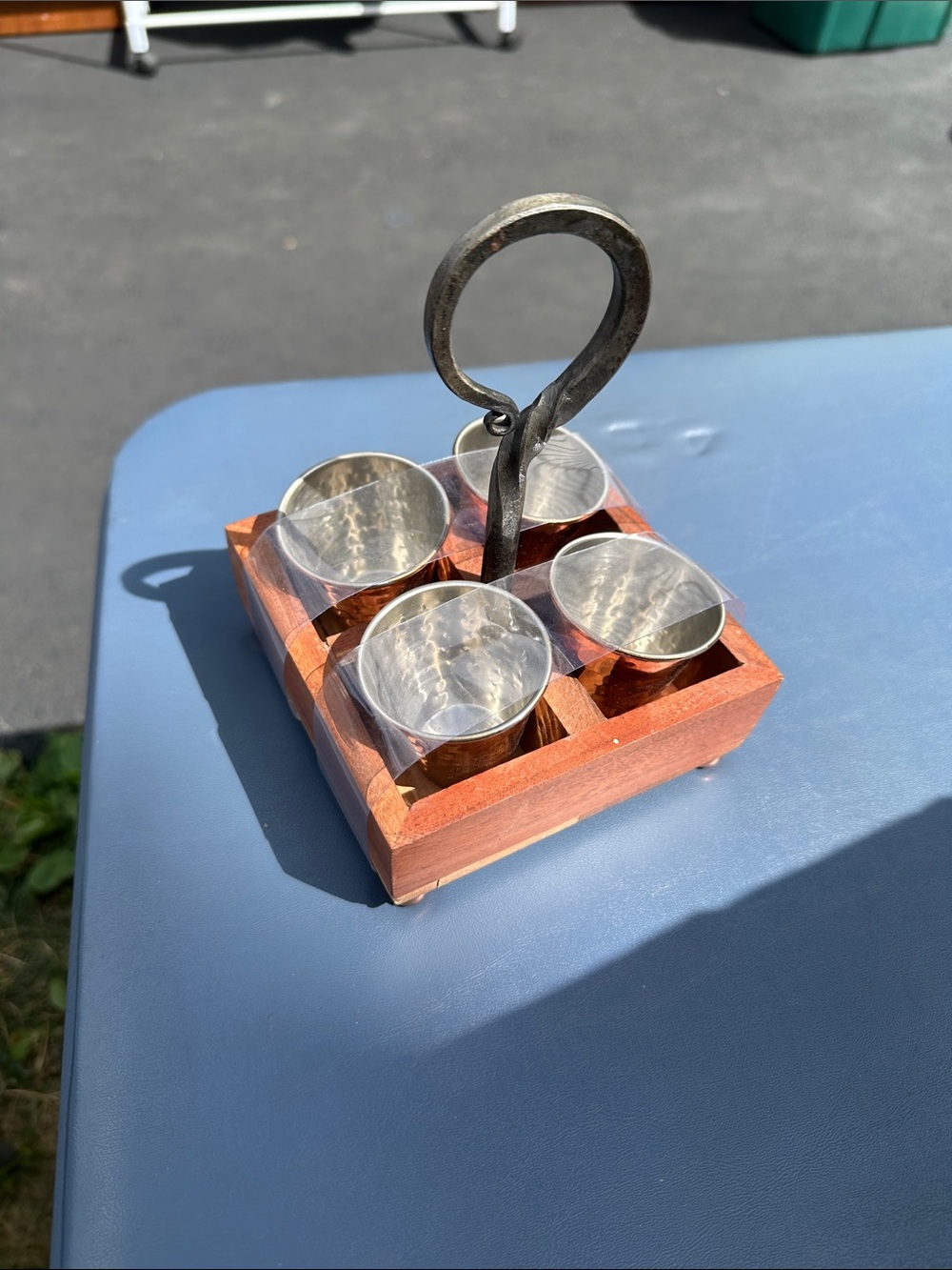 Hammered Metal Shot Glass Set with Wooden Caddy